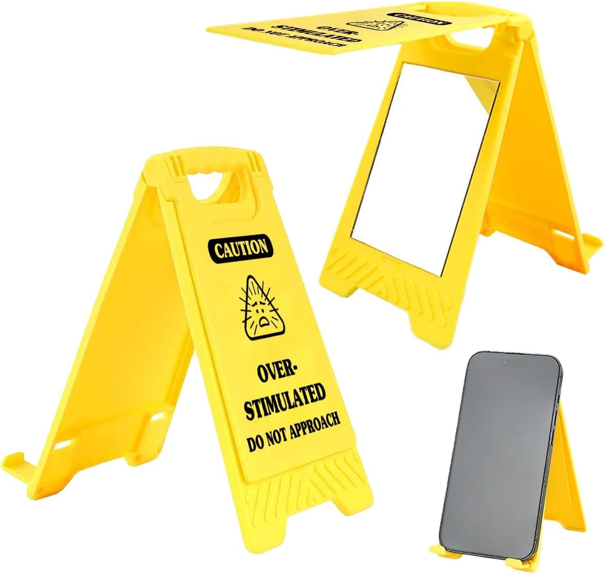 Caution Overstimulated Desk Sign with Phone Holder