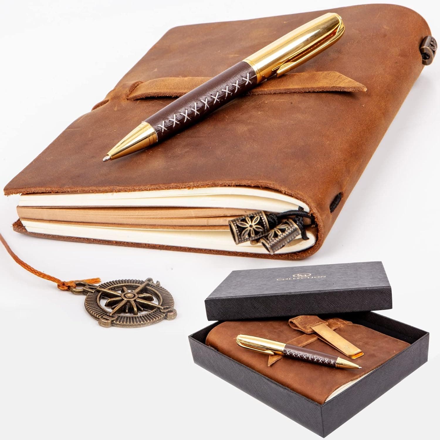 Leather Travel Journal Set with Refillable Notebooks