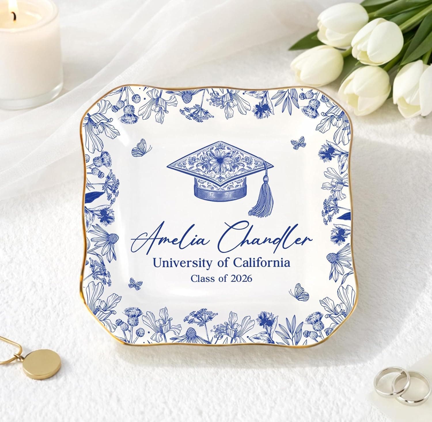 Personalized Toile Graduation Trinket Tray